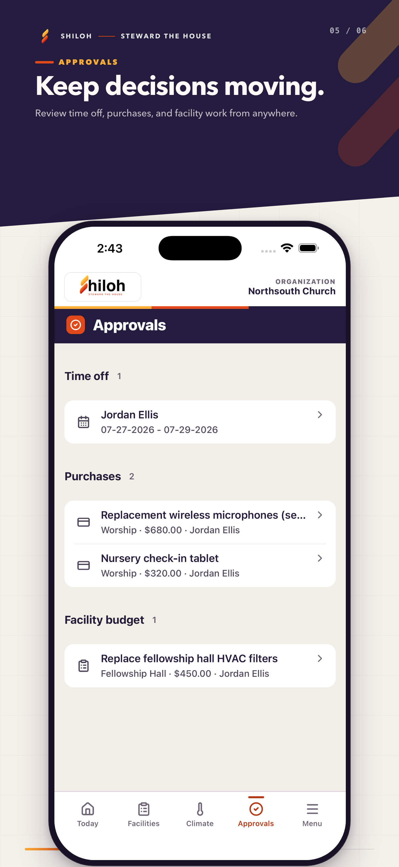 Shiloh Operations Approvals screen for reviewing time off, purchases, and facility work