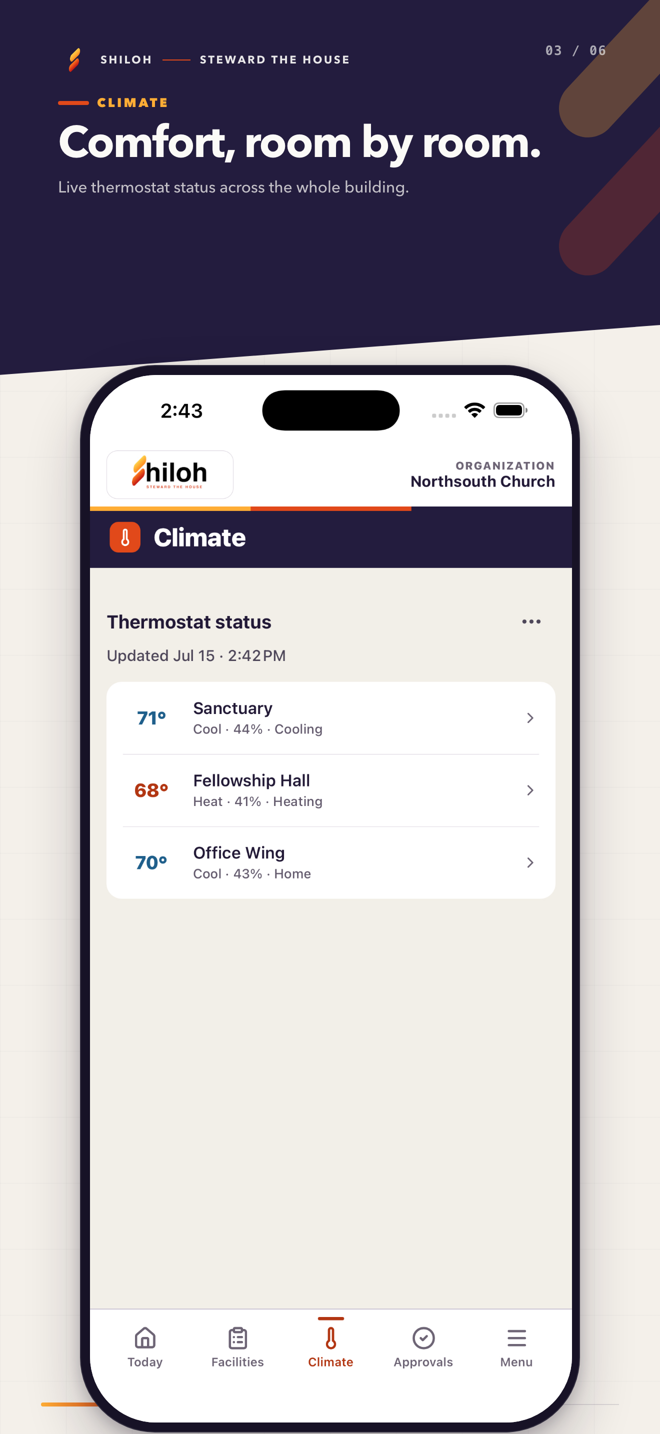 Shiloh Operations Climate screen showing live room temperatures and thermostat modes
