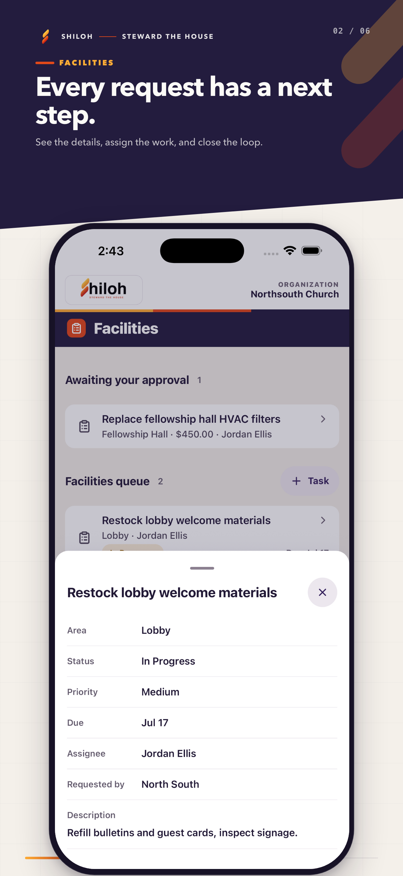 Shiloh Operations Facilities screen with request details, status, priority, due date, and assignee