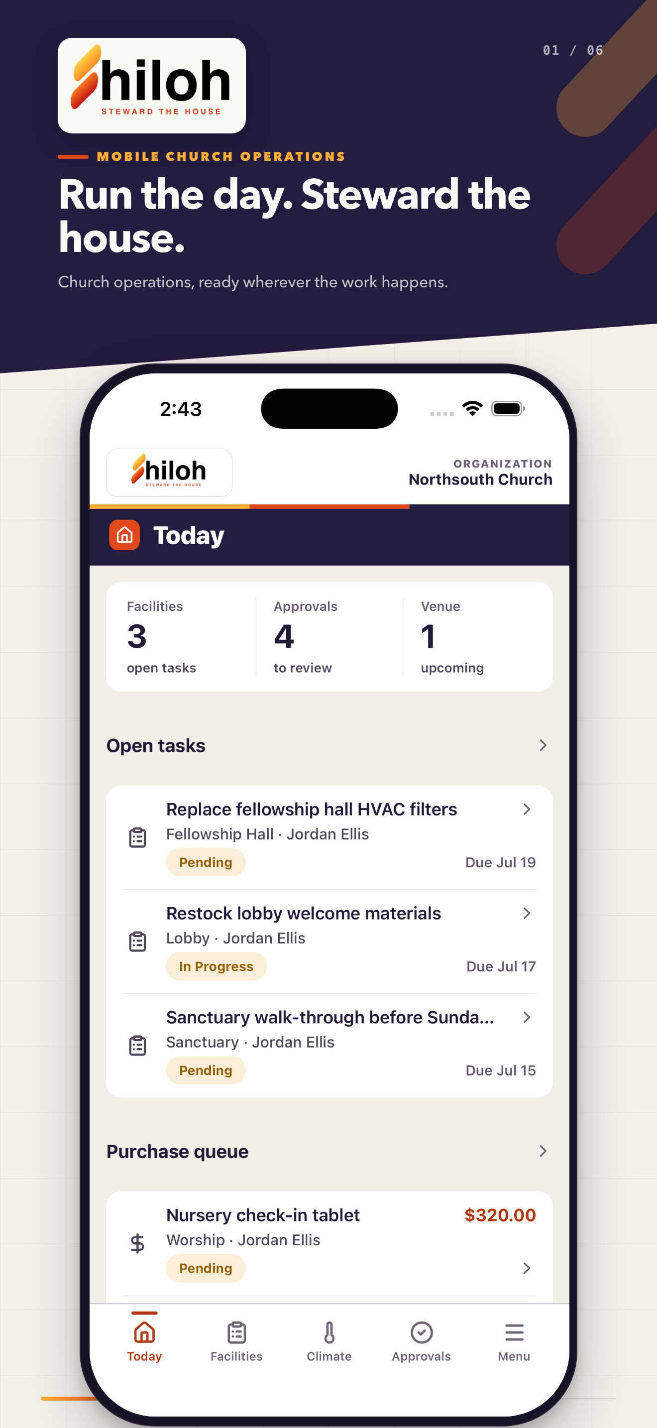 Shiloh Operations Today screen summarizing facilities tasks, approvals, calendar activity, and purchases