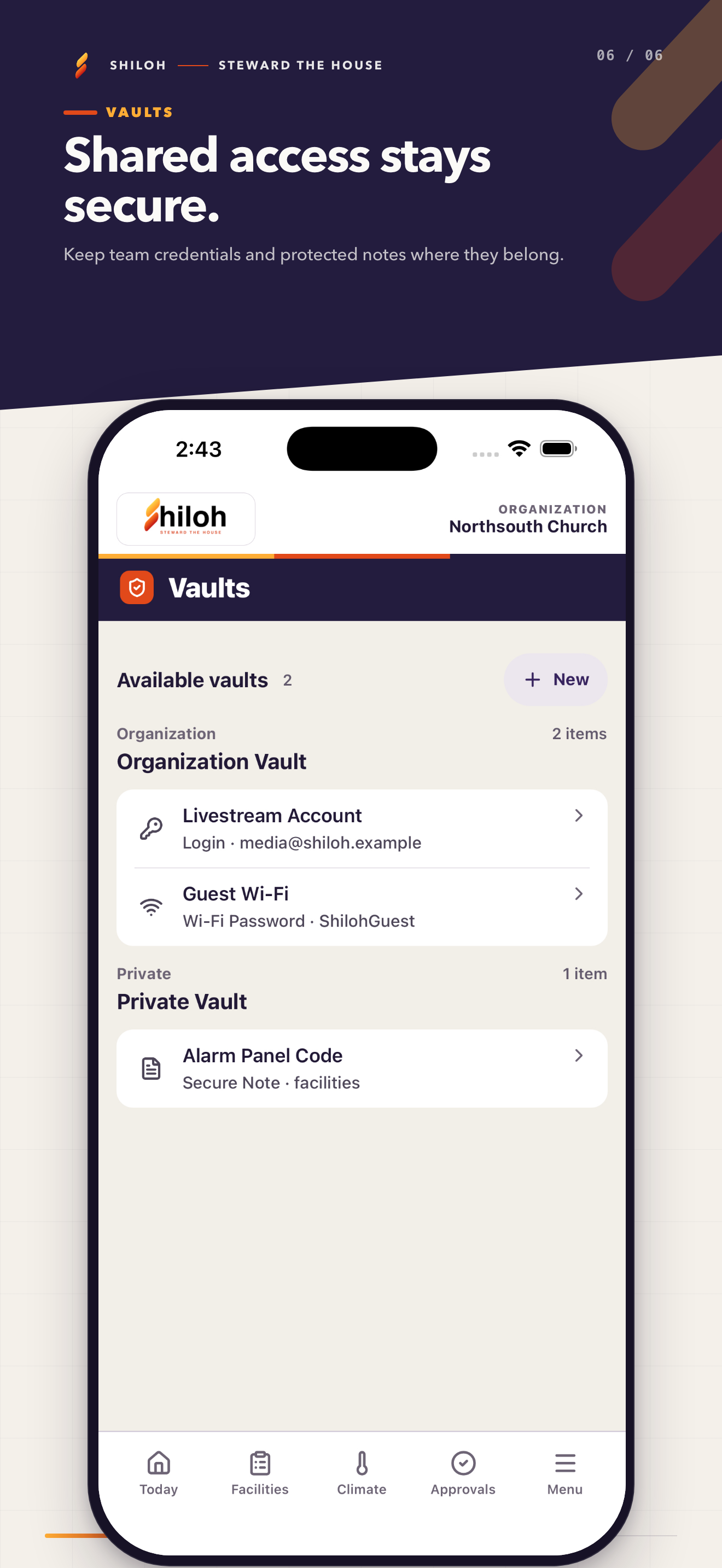 Shiloh Operations Vaults screen for shared credentials and protected notes