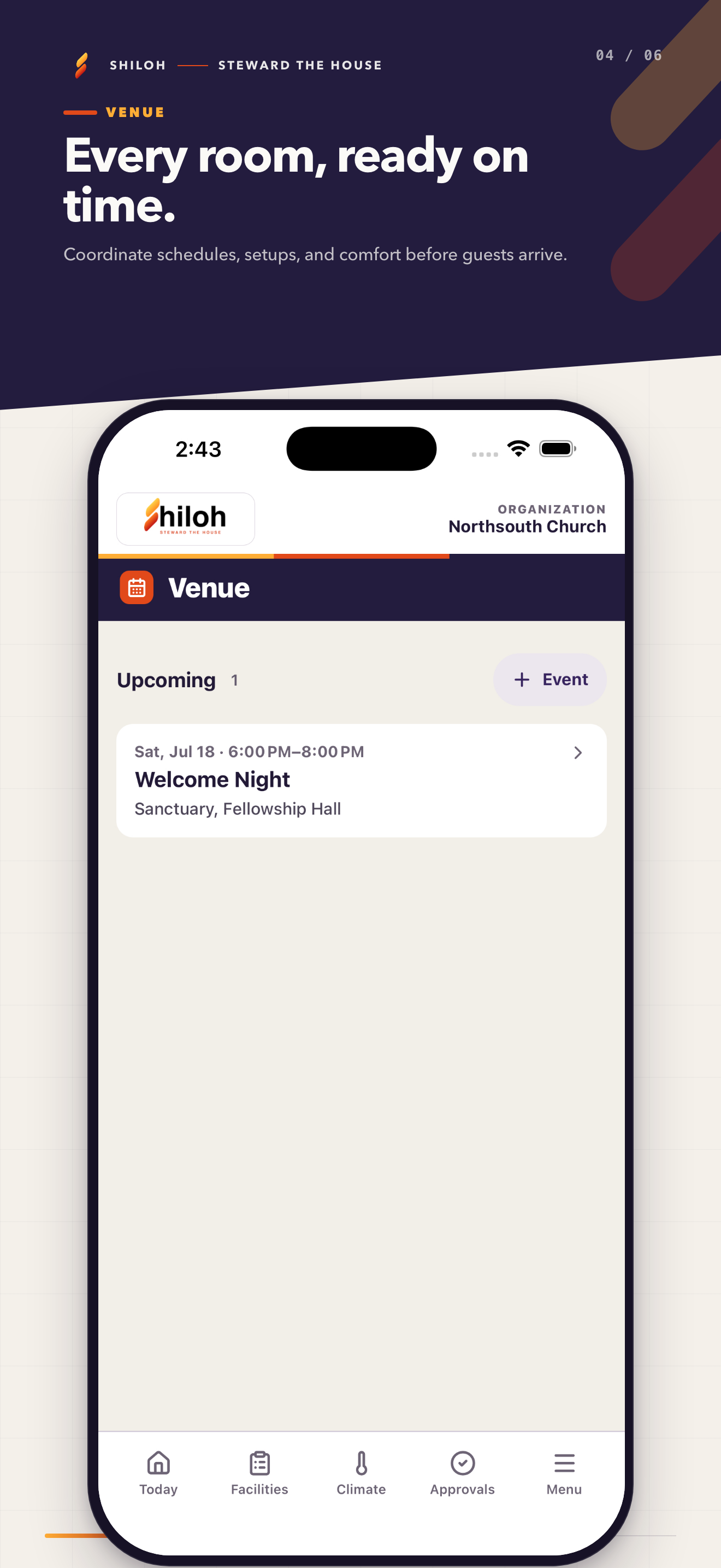 Shiloh Operations Calendar screen coordinating room schedules, setups, and comfort
