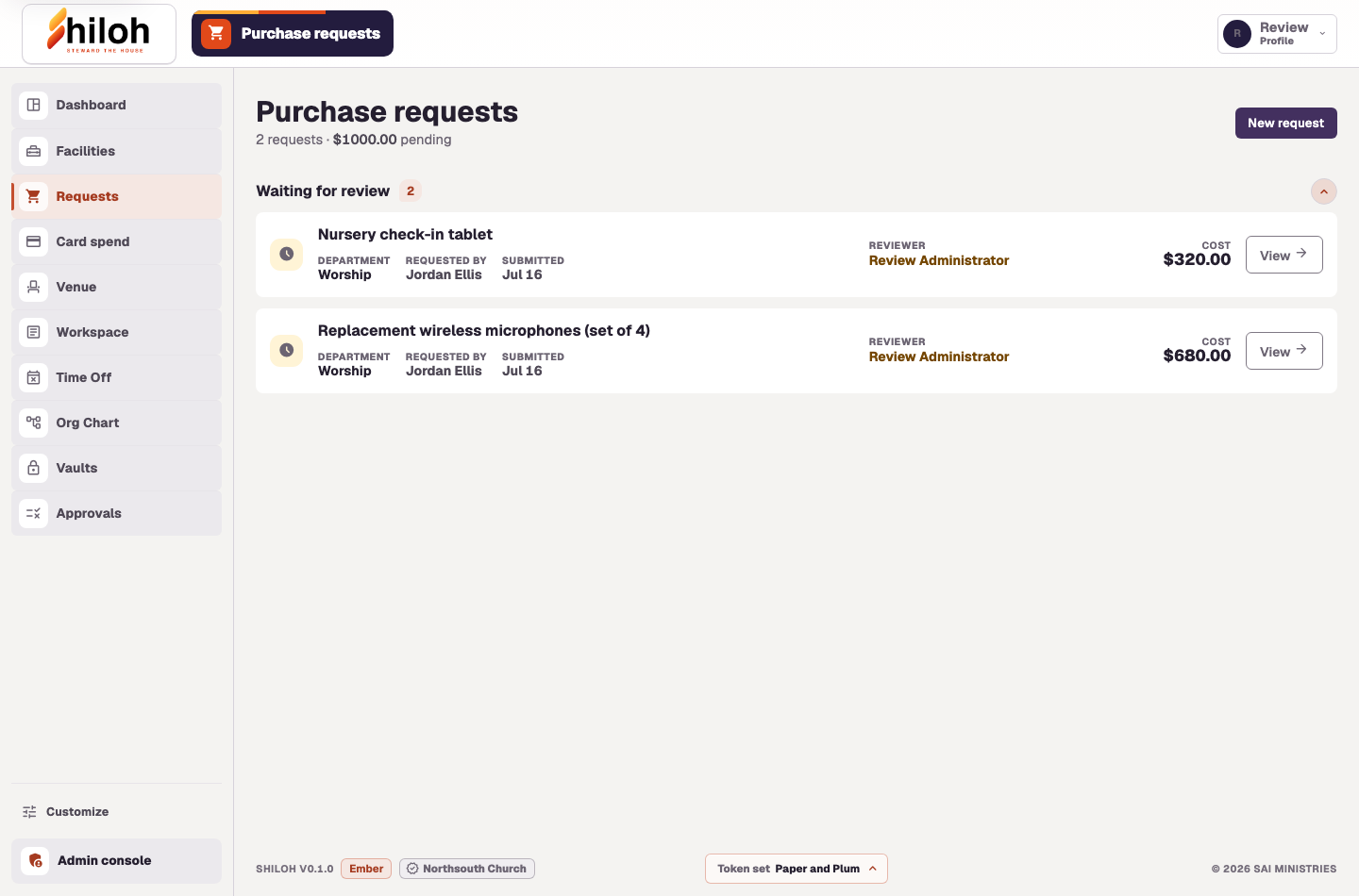 Shiloh Purchase Requests screen with current sidebar navigation, reviewer assignments, and request costs