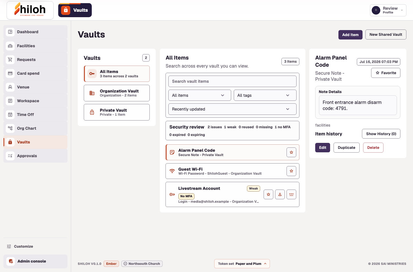 Shiloh Vaults screen with current sidebar navigation, shared vaults, security review, and item details