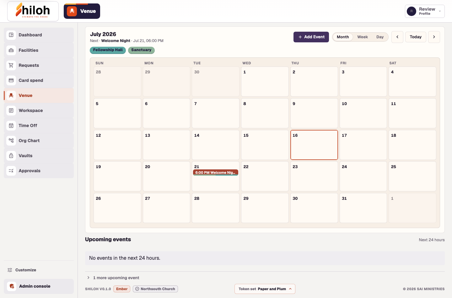 Shiloh Calendar screen with current sidebar navigation, room filters, and the monthly event calendar
