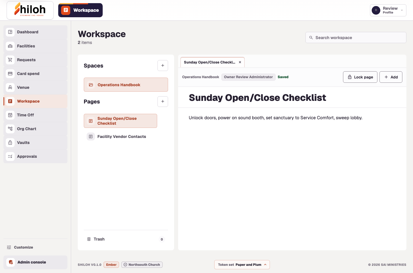 Shiloh Workspace screen with current sidebar navigation and an open operations checklist
